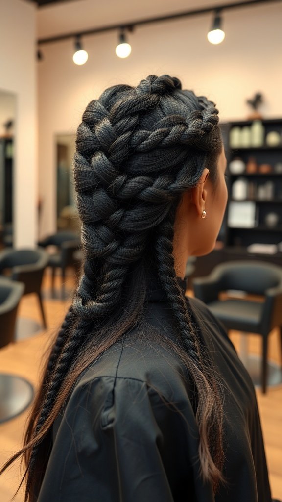 A woman with intricate knotless braids styled in a salon.