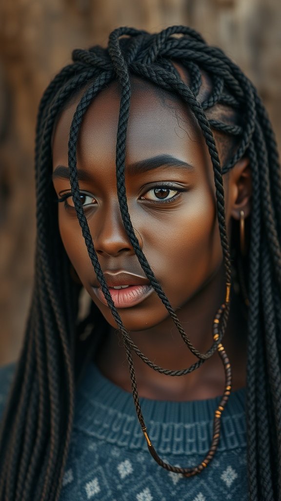 A close-up of a person with honey brown knotless braids, showcasing the intricate style and natural beauty.