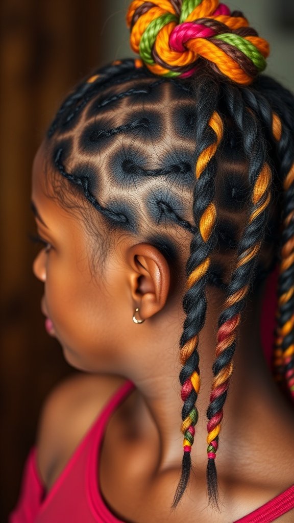 A girl with colorful knotless braids styled in a bun, showcasing intricate patterns and vibrant colors.