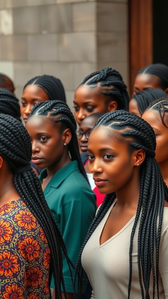A group of individuals with small boho knotless braids, showcasing a cultural hairstyle.
