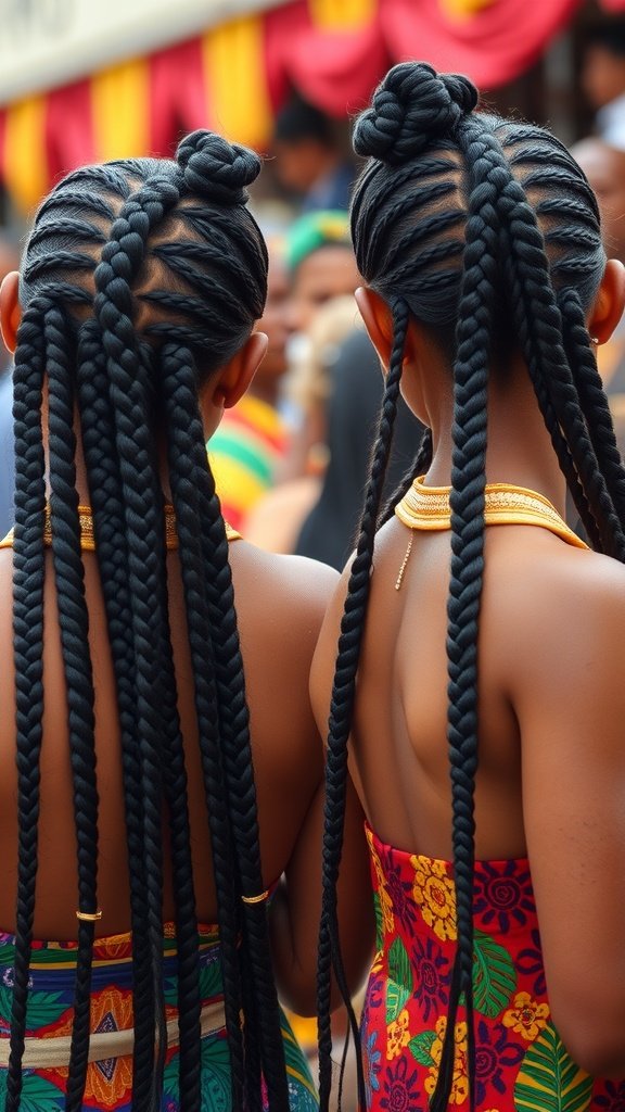 Two individuals with short boho knotless braids, showcasing a cultural hairstyle.