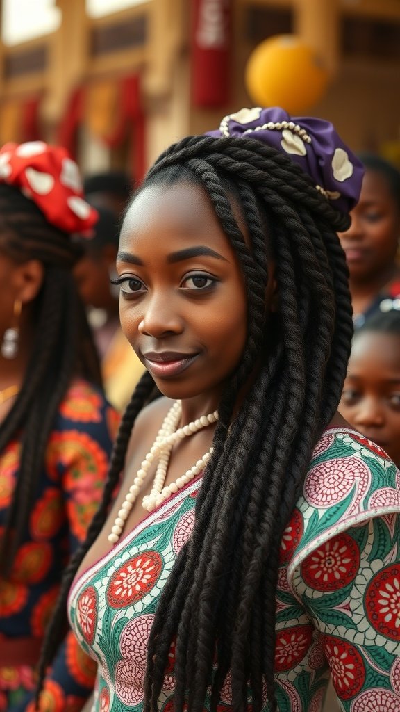 A woman with knotless braids and curls, wearing a colorful outfit and accessories, showcasing cultural pride.