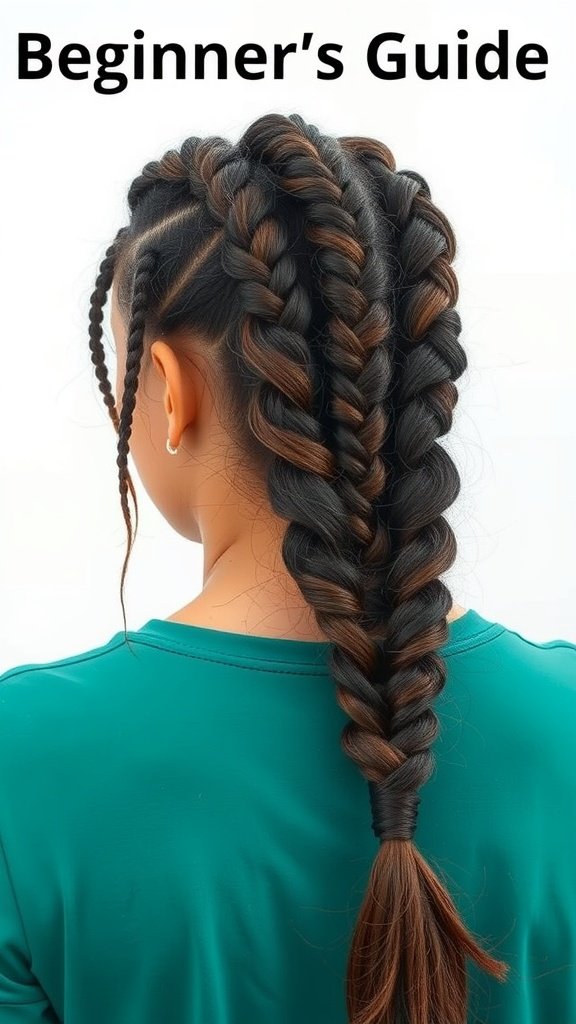 A close-up view of a person's back with honey brown knotless braids styled in a neat, intricate pattern.