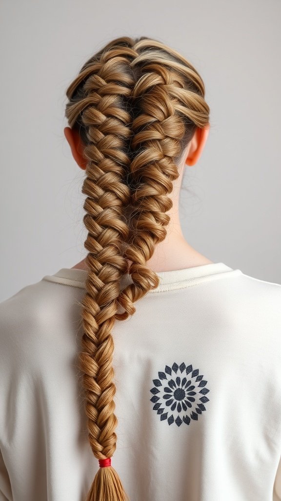 A back view of a person with two neat knotless braids, showcasing a stylish hairstyle.
