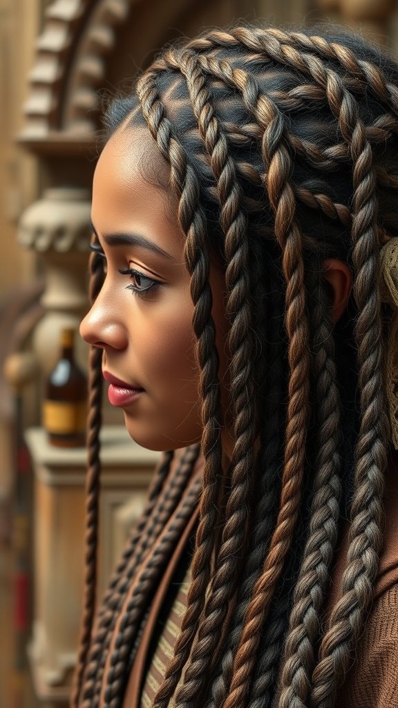 A close-up of a person with small knotless braids, showcasing neat and colorful hair patterns.