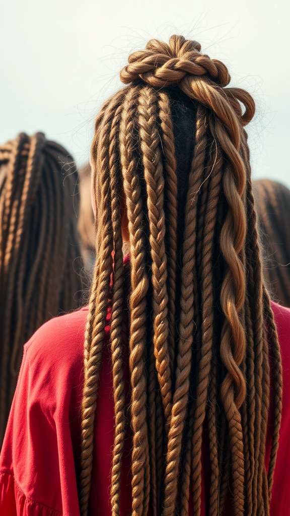 A woman with long knotless braids styled elegantly, showcasing various braid designs.