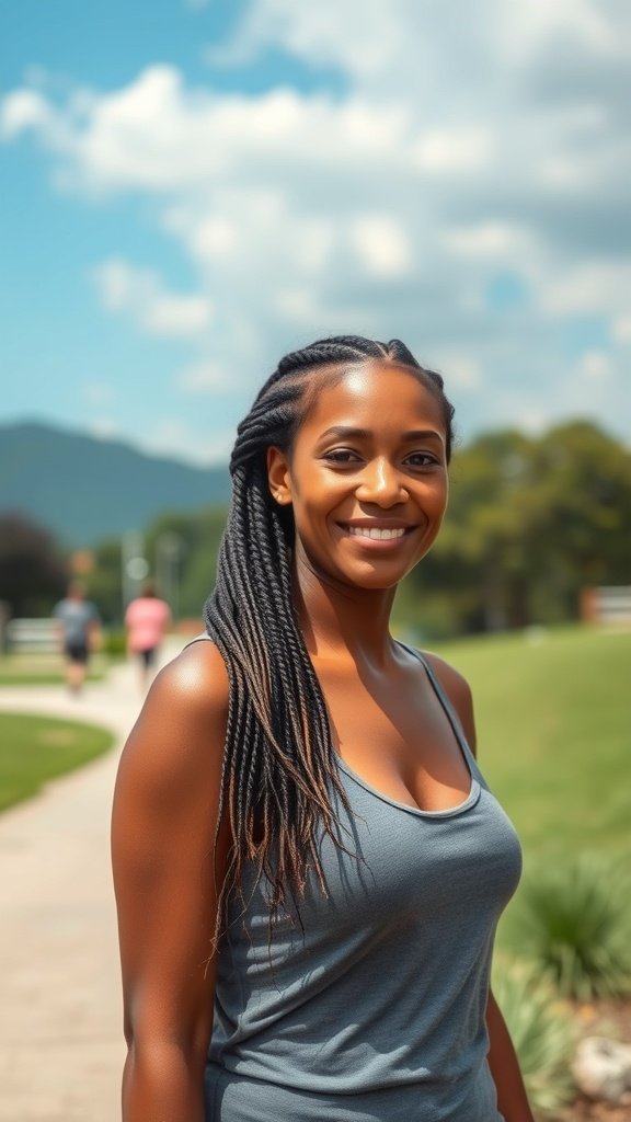 A woman with small boho knotless braids smiling outdoors.
