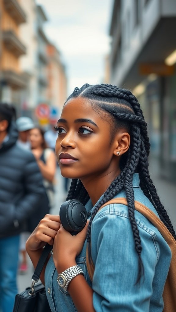 A young woman with small part knotless braids, looking stylish in a casual outfit.