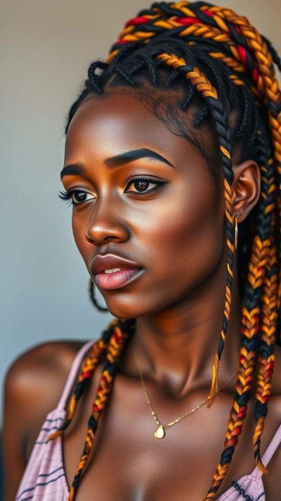 A close-up of a woman with knotless braids in vibrant colors, featuring curly ends.