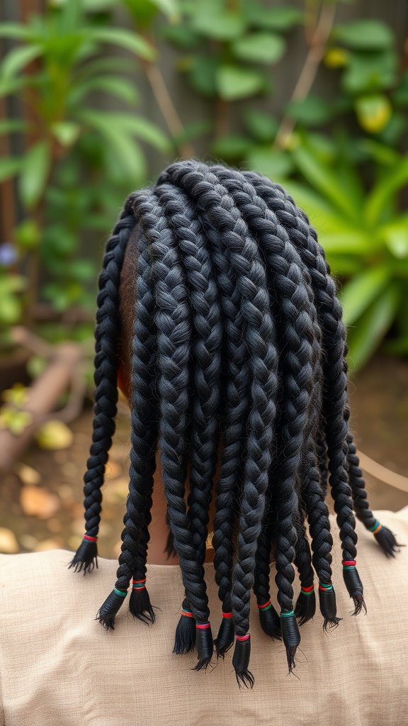 Large knotless box braids styled in a beautiful arrangement