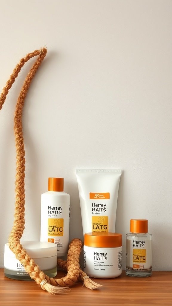 Hair care products with a honey blonde braid displayed on a wooden surface.