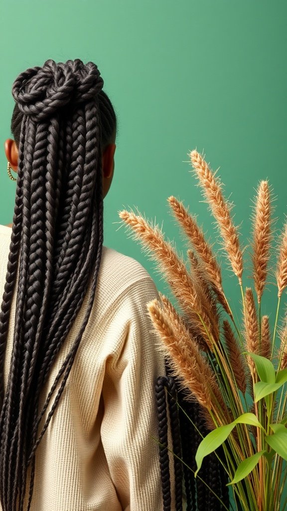 A person with long dark brown knotless braids styled in a bun, with decorative plants in the background.