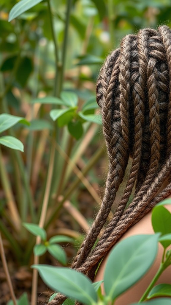 Close-up of brown knotless braids surrounded by green foliage