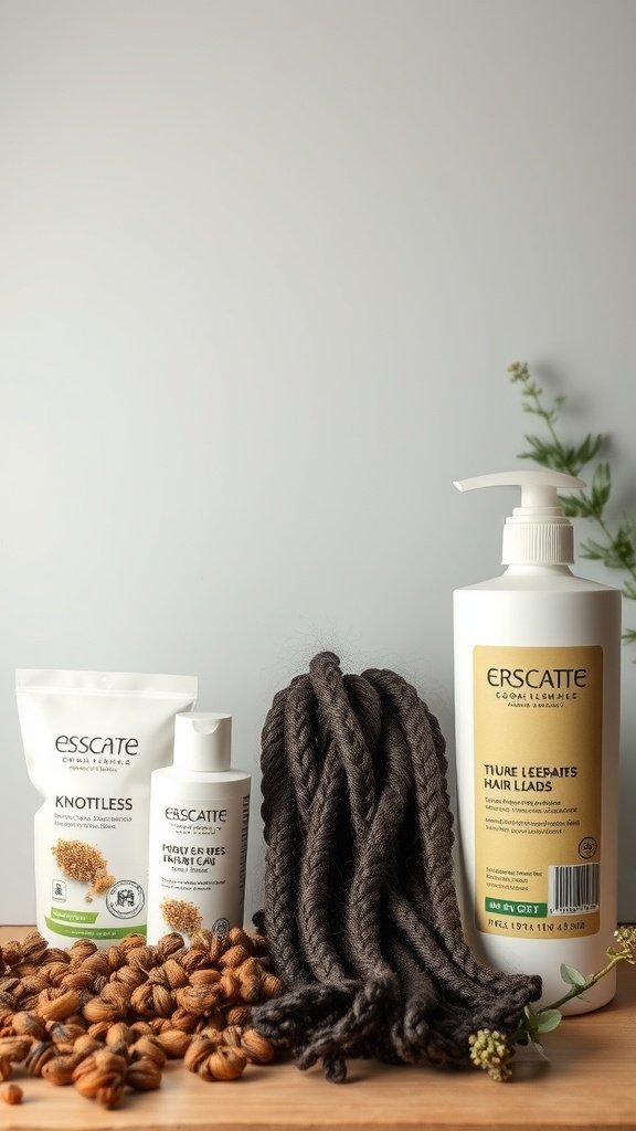 Products for knotless braids including hair care items and braiding hair.