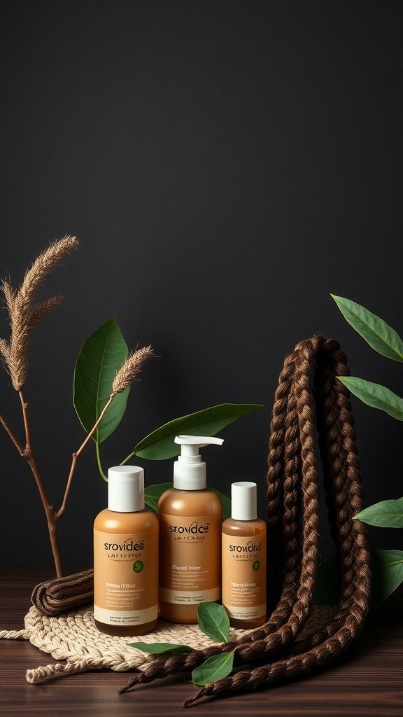 Short boho knotless braids with hair care products and natural elements