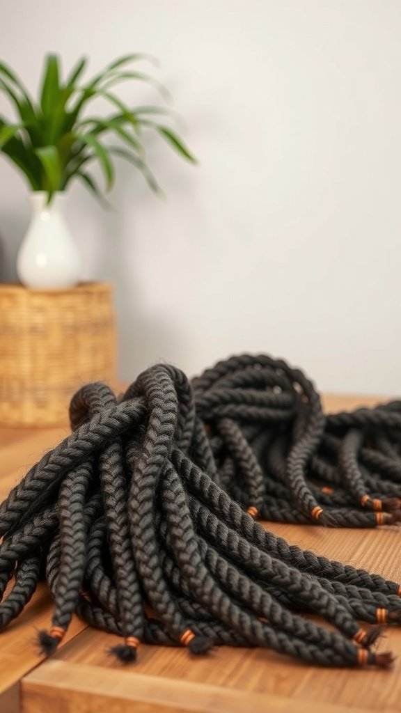 Short knotless braids displayed on a wooden table with a plant in the background.