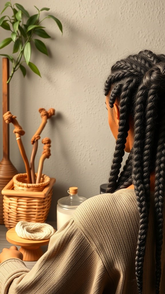 A person with long boho knotless braids, showcasing a stylish and protective hairstyle.