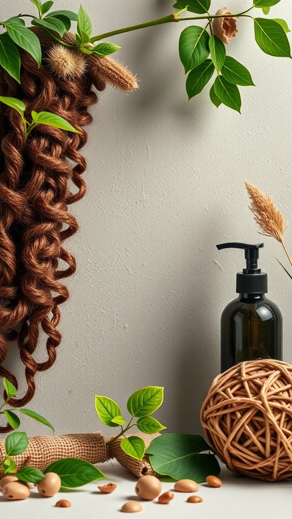 Honey brown knotless braids with natural elements and hair care products