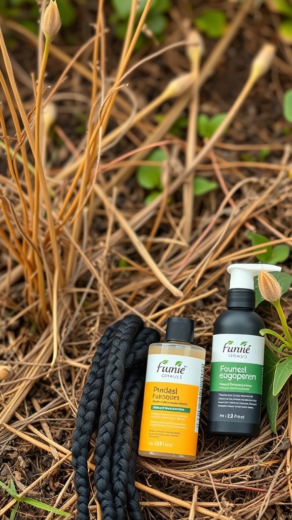 Image of knotless braids with hair care products on natural background