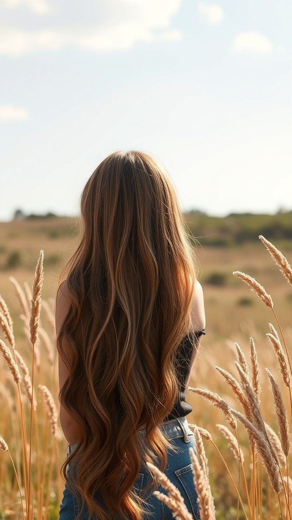 A woman with long, flowing hair standing in a field, embodying the beauty of blonde boho knotless braids.