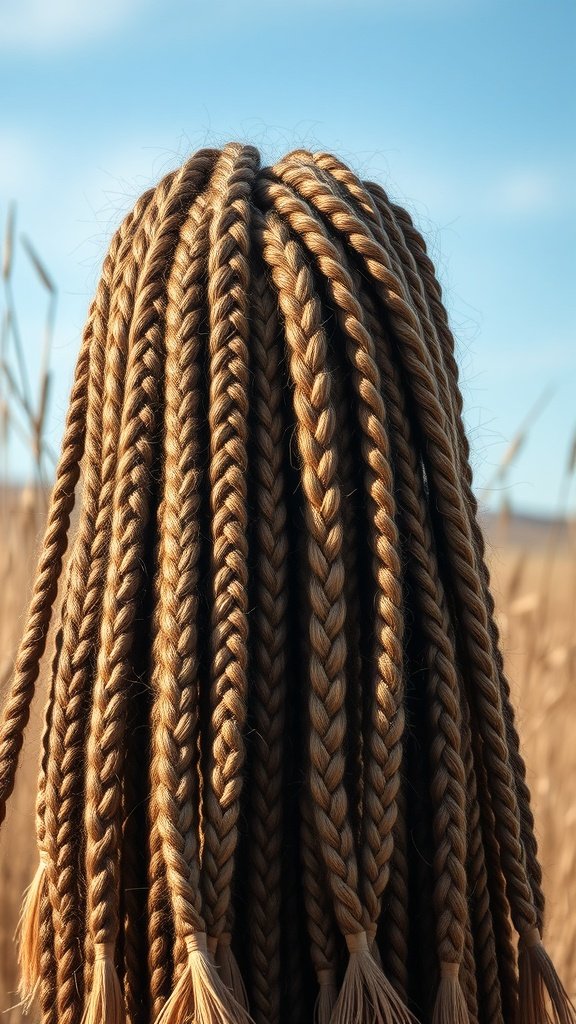 A close-up view of honey brown knotless braids styled beautifully in a natural setting.