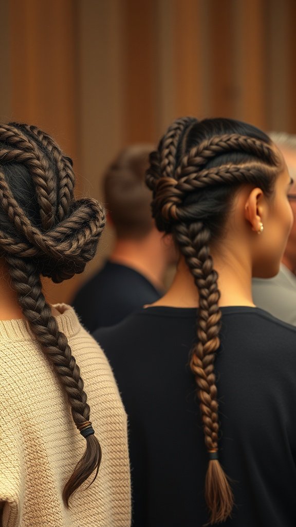 Two women showcasing different styles of short boho knotless braids