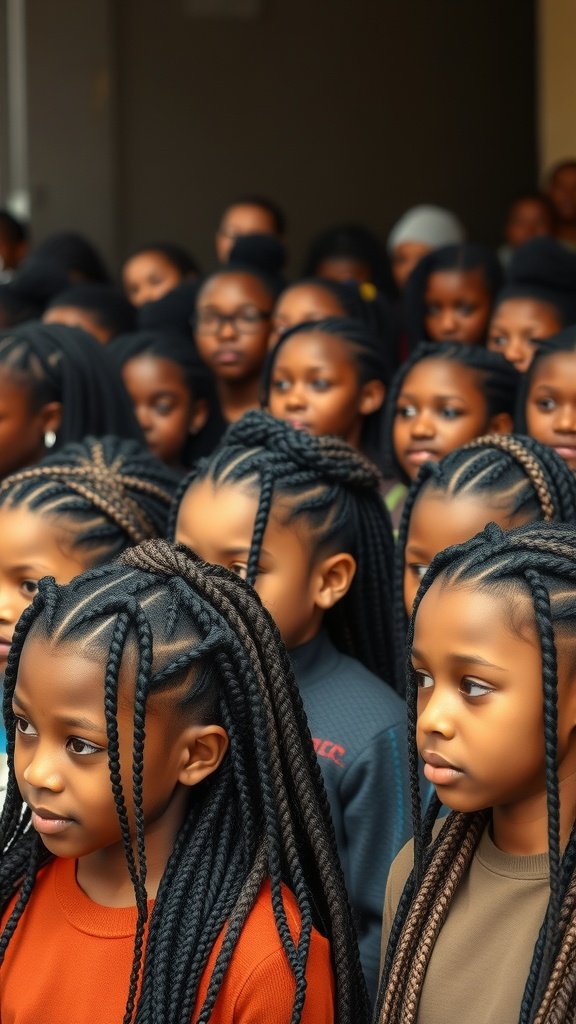 A group of young girls with knotless braids and curls, showcasing a stylish and comfortable hairstyle.
