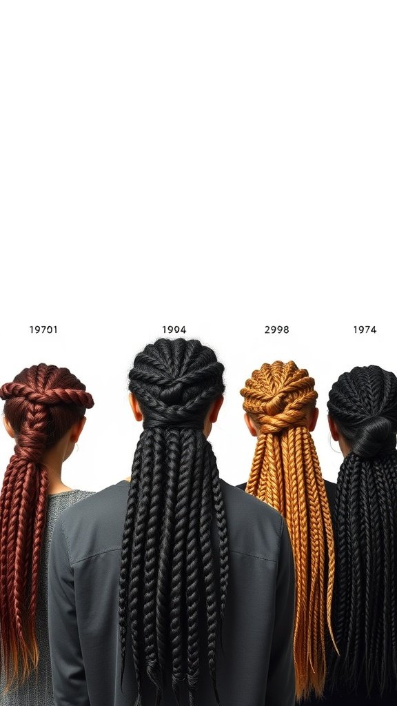 Image showcasing various styles of knotless braids with curly ends, highlighting different colors and lengths.