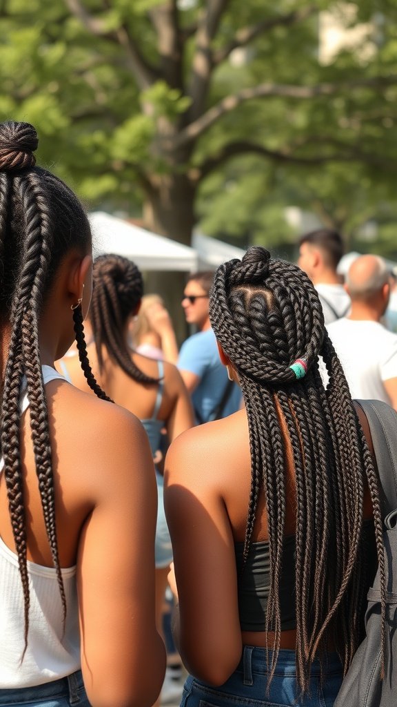 Two individuals with stylish knotless braids in a busy outdoor setting.