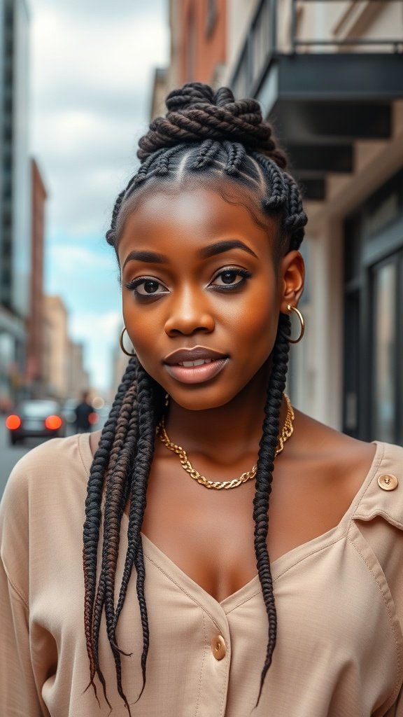 A woman with knotless boho braids styled in a half-up look, showcasing a trendy and elegant hairstyle.