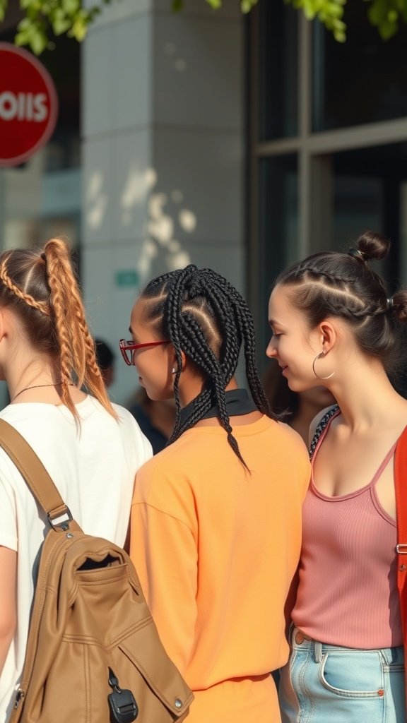 A group of teens showcasing different styles of small boho knotless braids.