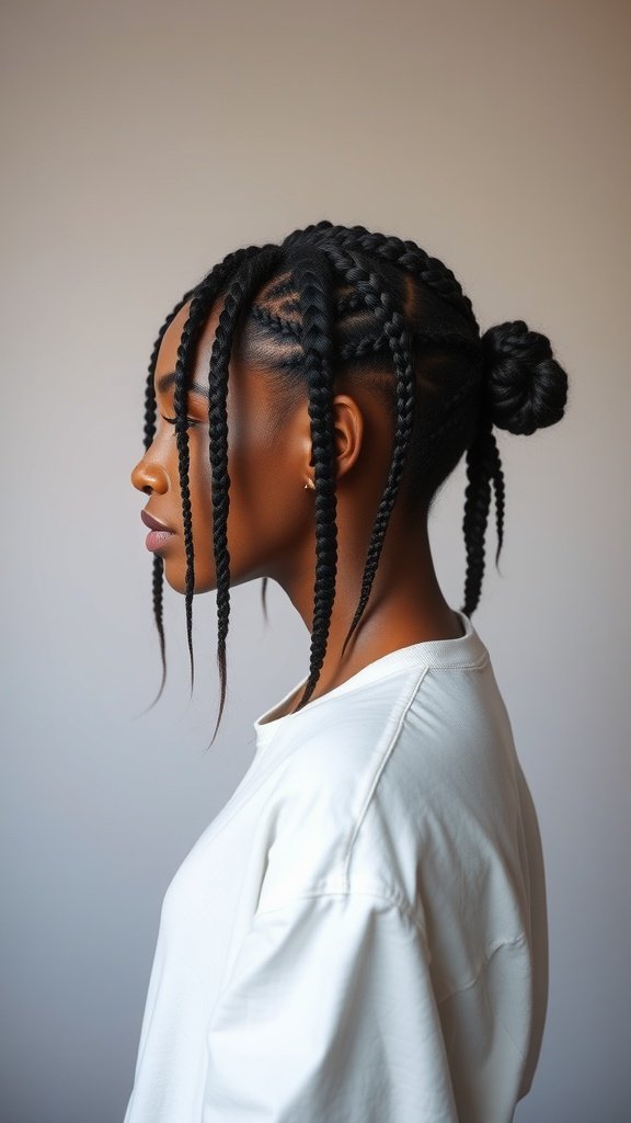 A woman with stylish short knotless braids, showcasing a chic hairstyle.