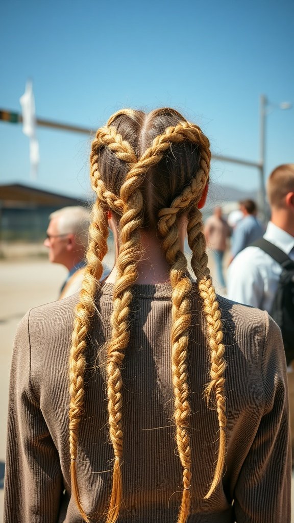 A person with honey blonde knotless braids styled in a heart shape, surrounded by people.