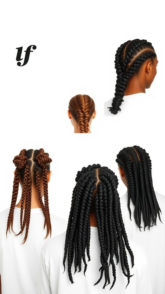 A collection of different knotless braid styles showcasing various lengths and curly ends.