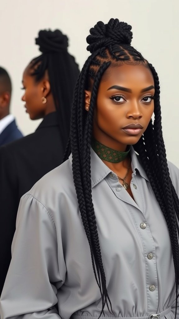 A woman with knotless braids styled in a bob, showcasing a chic and modern look.
