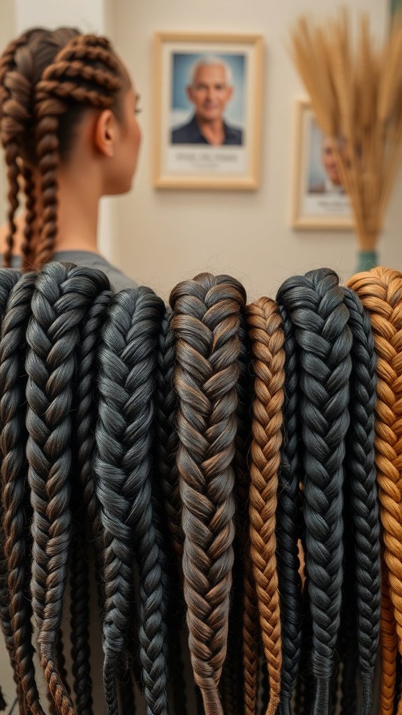 A variety of knotless braids in different colors and styles, showcasing versatility in hairdos.