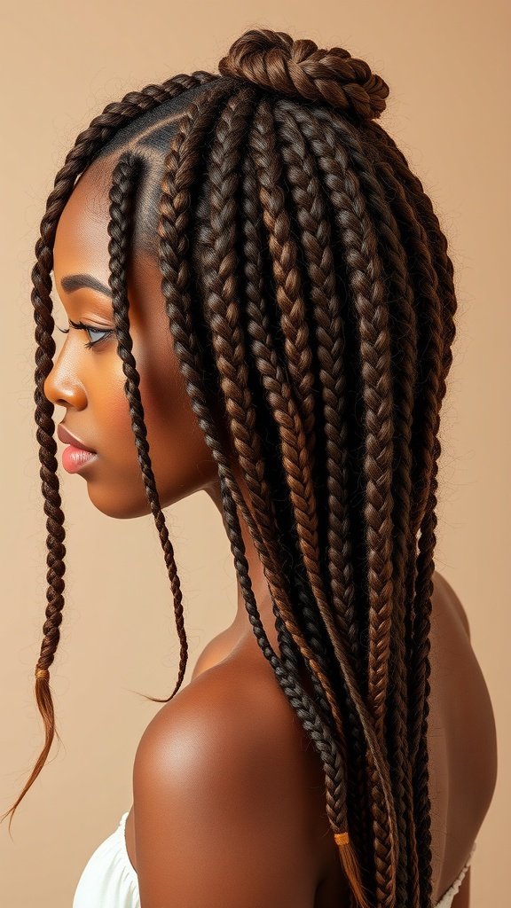 A woman with brown knotless braids styled elegantly.