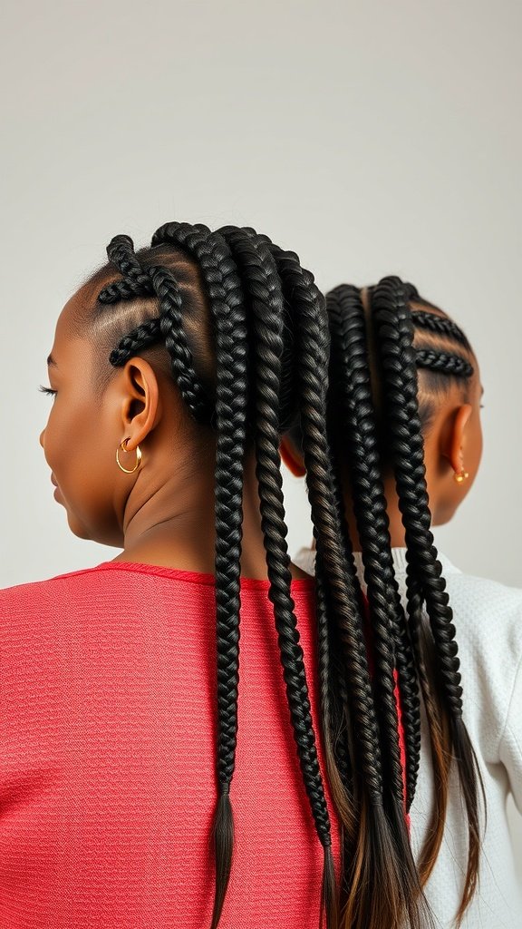 Two individuals with long knotless braids, showcasing a modern hairstyle that reflects tribal heritage.