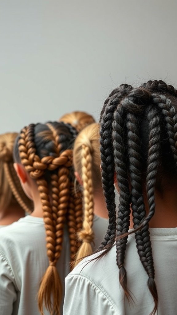 A group of individuals showcasing various styles of small knotless braids in different colors.