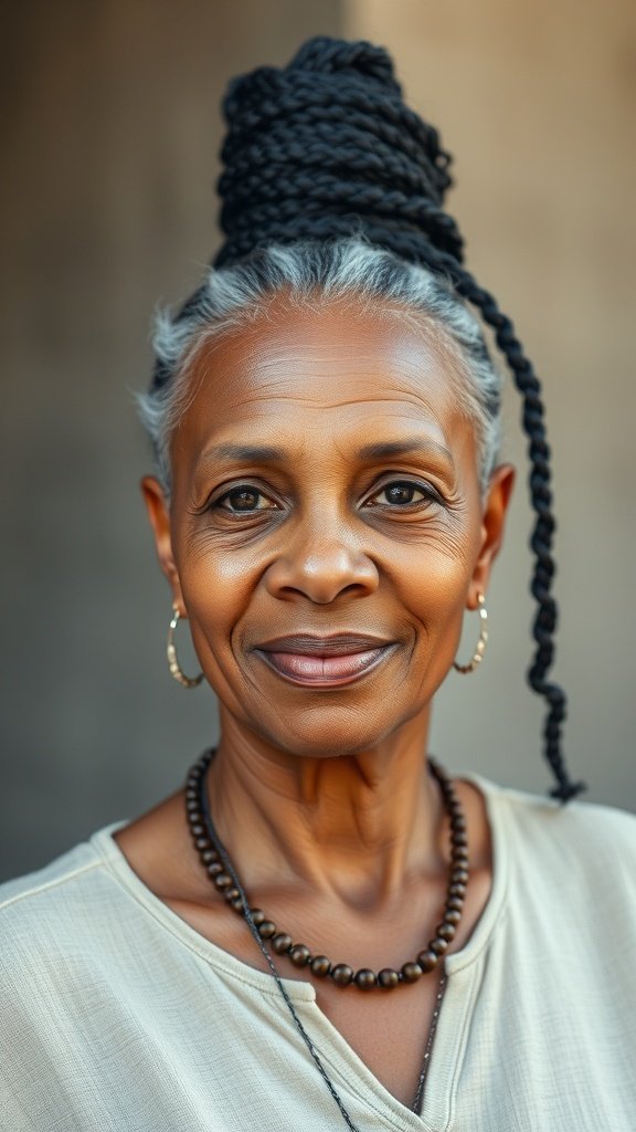 An older woman with long twisted knotless braids, showcasing a stylish and elegant hairstyle.