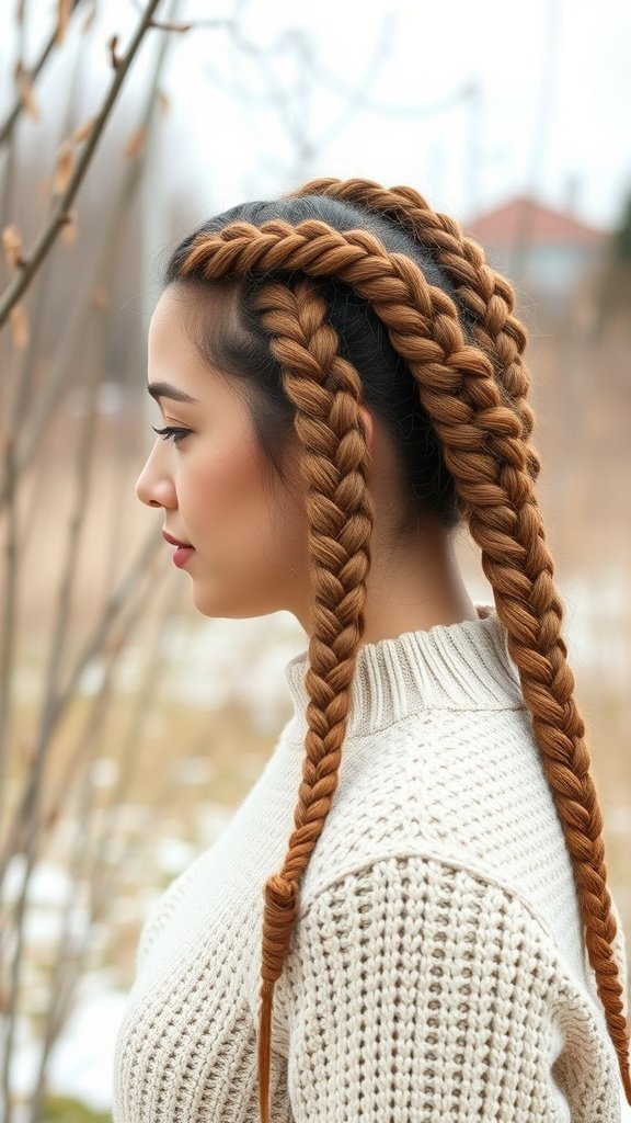 A woman with xs knotless braids styled elegantly, showcasing a trendy hairstyle.