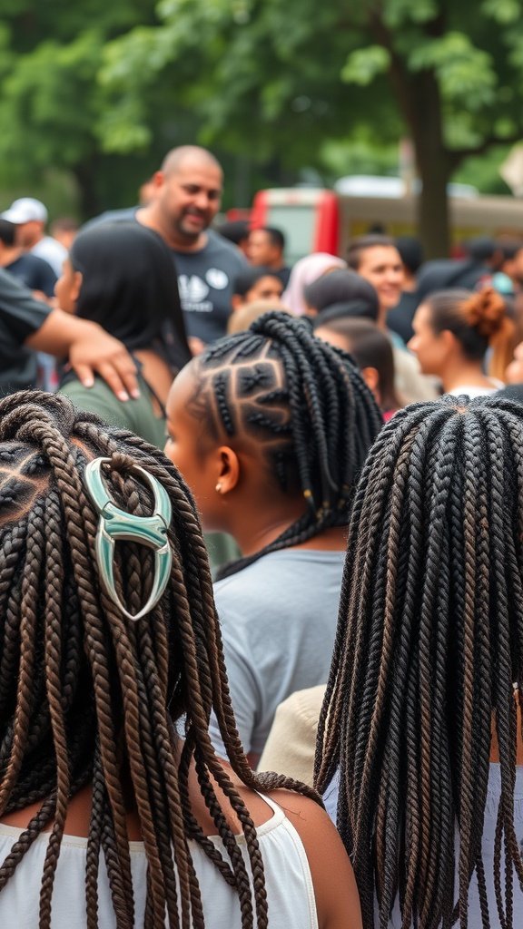 A group of people with small knotless braids gathered together, showcasing their hairstyles in a lively community setting.