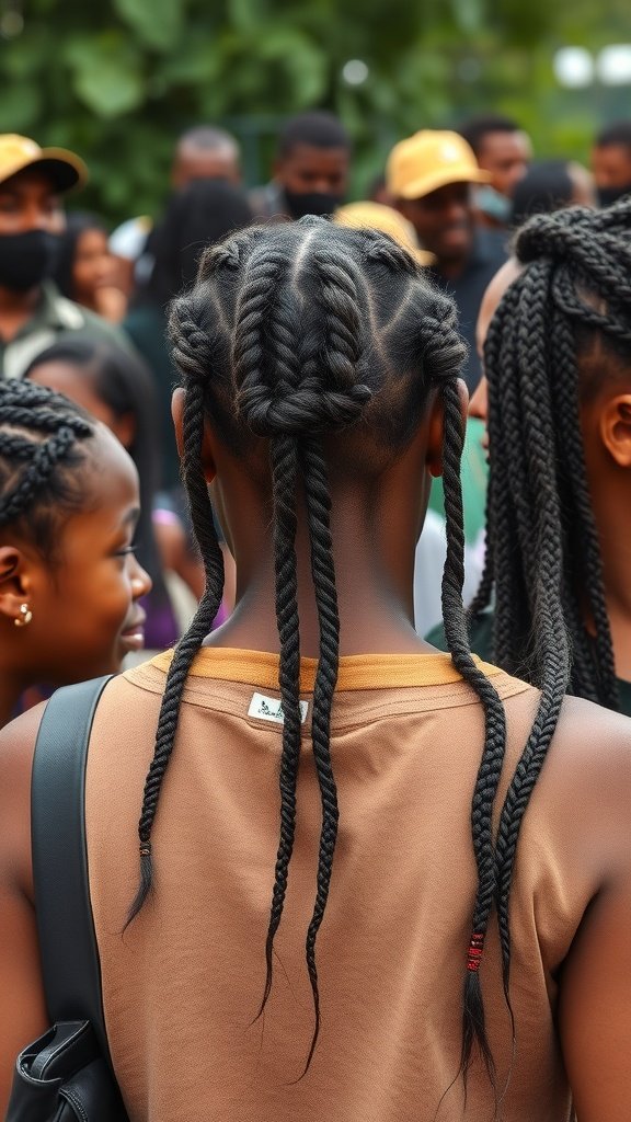 A group of people showcasing knotless braids at a community event.