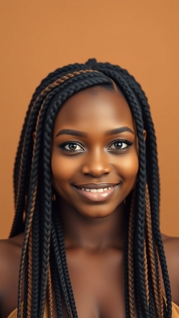 A woman with beautiful knotless braids, smiling confidently against a warm background.