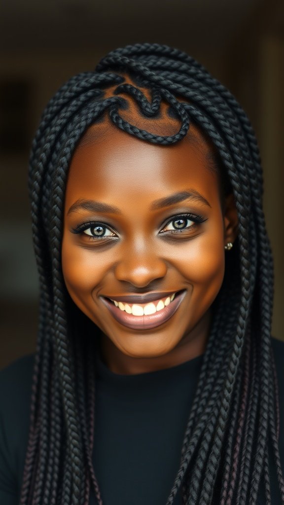 A woman smiling confidently with large knotless box braids.