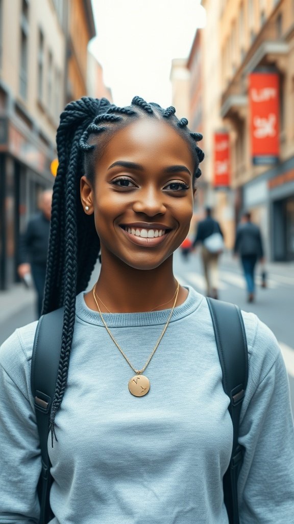 A young woman smiling confidently while wearing knotless braids in a city street.