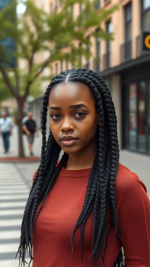 A woman with small knotless braids wearing a red sweater, standing confidently on a city street.