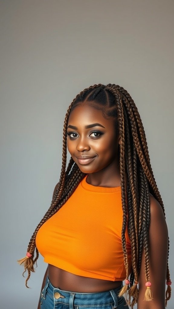 A woman with large knotless braids, wearing an orange top and smiling confidently.