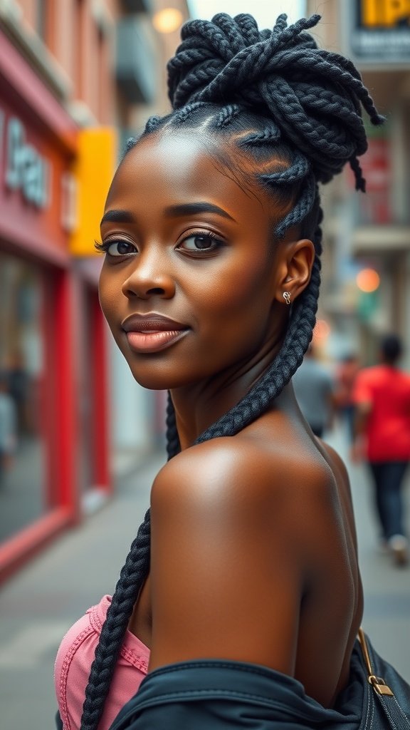 A woman with medium boho knotless braids styled elegantly, showcasing confidence and beauty.