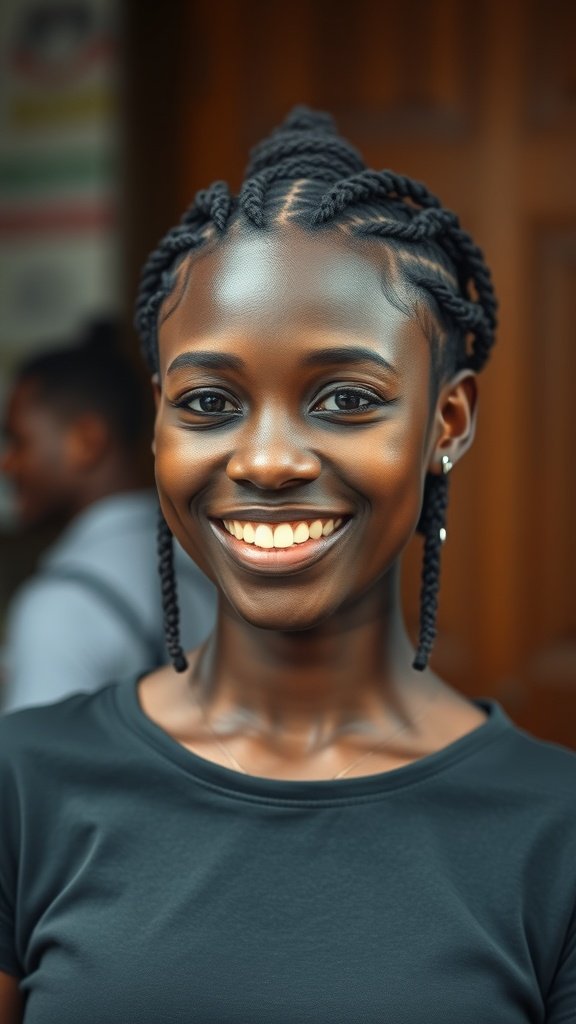 A young woman smiling with short knotless braids, showcasing a confident and stylish look.